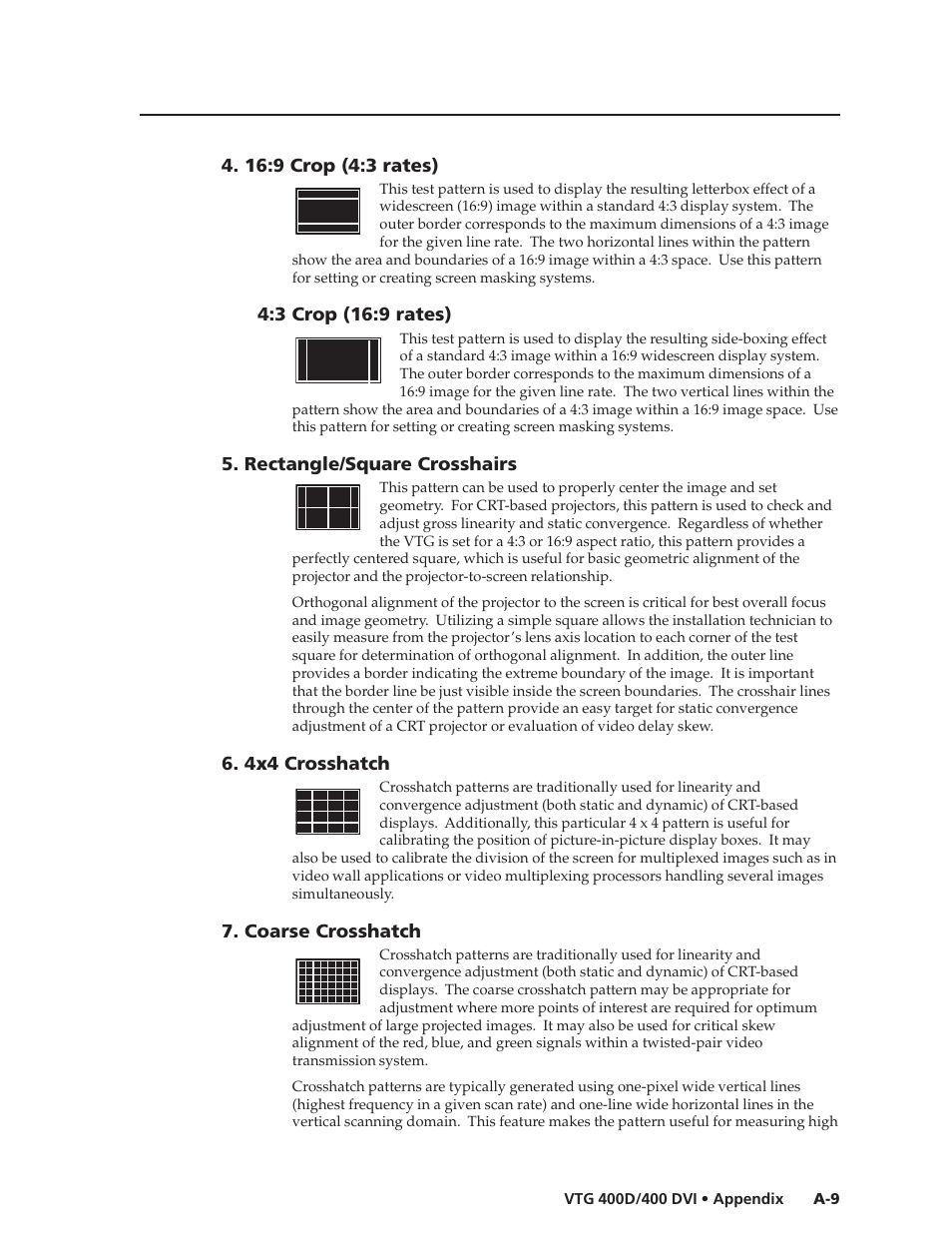 3 crop (16:9 rates), Rectangle/square crosshairs, 4x4 crosshatch | Coarse crosshatch | Extron Electronics VTG 400D_400 DVI User Guide User Manual | Page 73 / 88