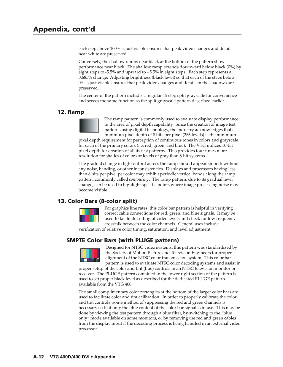 Appendix, cont’d, Ramp, Color bars (8-color split) | Smpte color bars (with pluge pattern) | Extron Electronics VTG 400D_400 DVI User Guide User Manual | Page 76 / 88