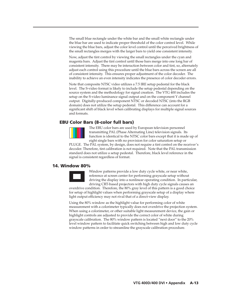 Ebu color bars (8-color full bars), Window 80 | Extron Electronics VTG 400D_400 DVI User Guide User Manual | Page 77 / 88