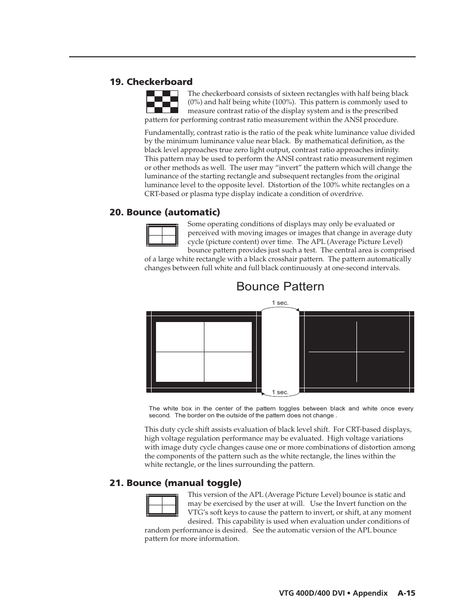 Bounce pattern, Checkerboard, Bounce (automatic) | Bounce (manual toggle) | Extron Electronics VTG 400D_400 DVI User Guide User Manual | Page 79 / 88