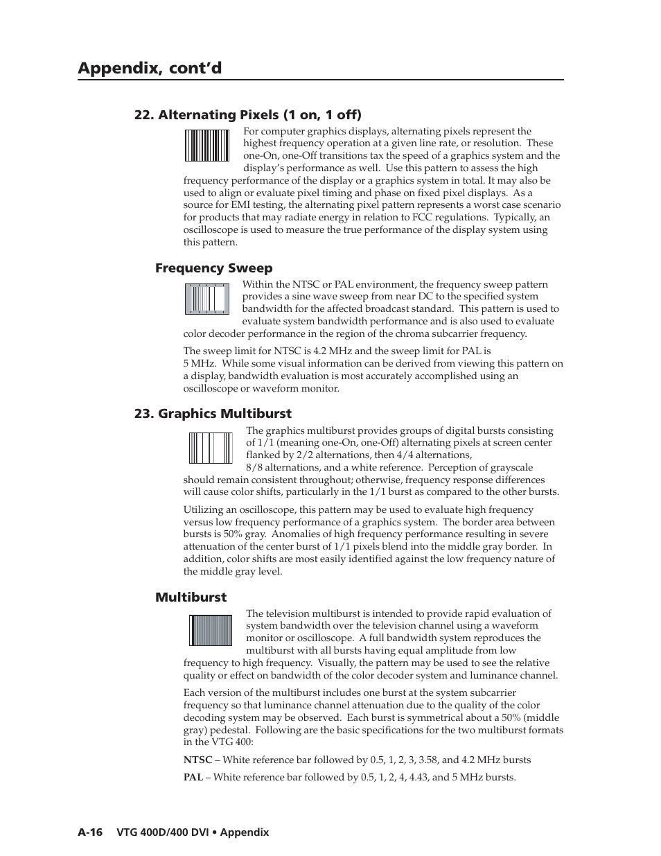 Appendix, cont’d, Alternating pixels (1 on, 1 off), Frequency sweep | Graphics multiburst, Multiburst | Extron Electronics VTG 400D_400 DVI User Guide User Manual | Page 80 / 88