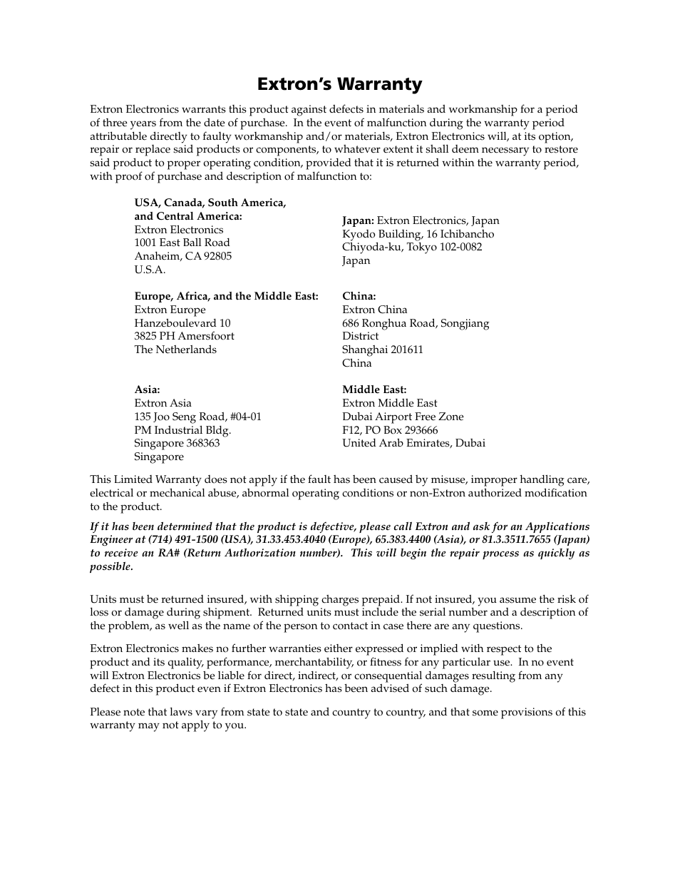 Extron’s warranty | Extron Electronics VTG 400D_400 DVI User Guide User Manual | Page 87 / 88