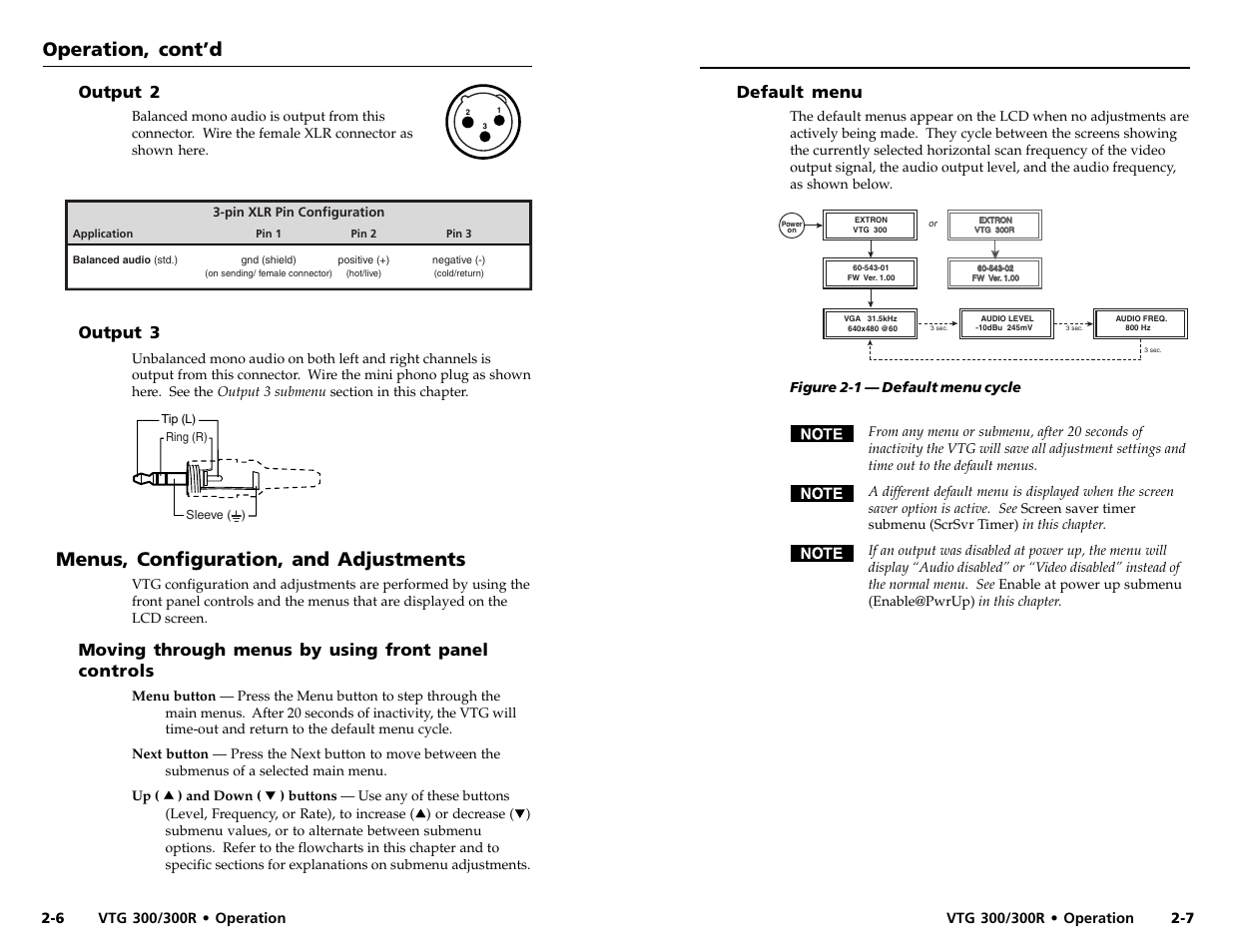 Operation, cont’d, Menus, configuration, and adjustments, Default menu | Output 2, Output 3, Moving through menus by using front panel controls | Extron Electronics VTG 300_300R User Guide Rev. D User Manual | Page 10 / 22