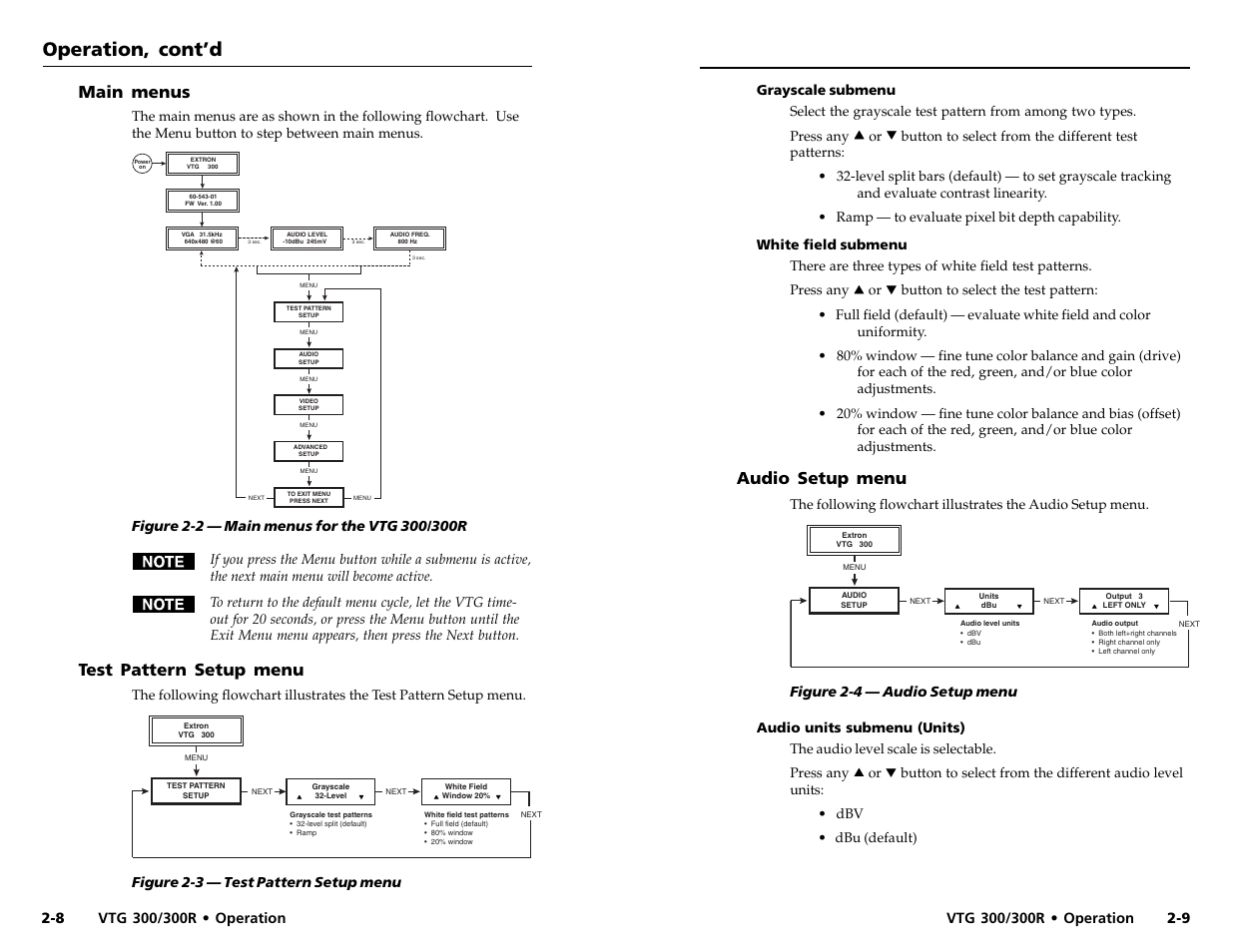 Operation, cont’d, Audio setup menu, Main menus | Test pattern setup menu, Figure 2-4 — audio setup menu, Figure 2-3 — test pattern setup menu | Extron Electronics VTG 300_300R User Guide Rev. D User Manual | Page 11 / 22