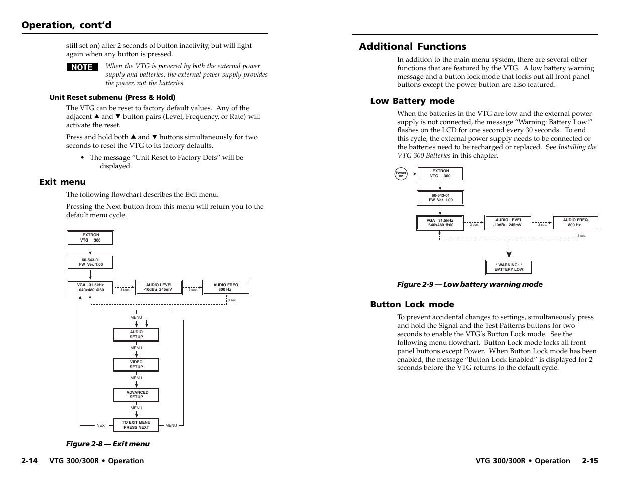 Operation, cont’d additional functions, Low battery mode, Button lock mode | Exit menu | Extron Electronics VTG 300_300R User Guide Rev. D User Manual | Page 14 / 22