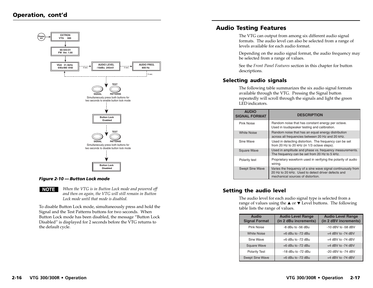 Operation, cont’d, Audio testing features, Selecting audio signals | Setting the audio level | Extron Electronics VTG 300_300R User Guide Rev. D User Manual | Page 15 / 22