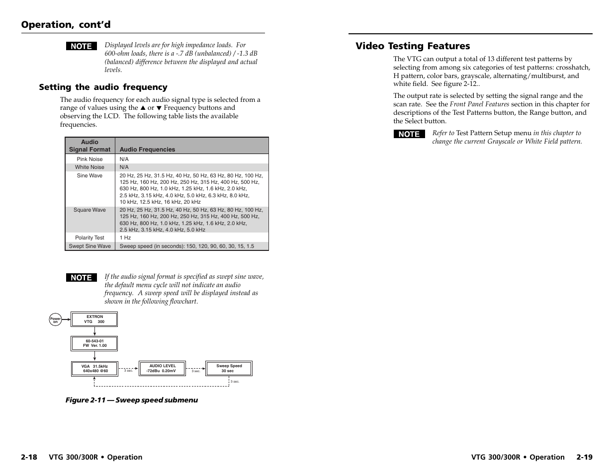 Operation, cont’d video testing features, Setting the audio frequency | Extron Electronics VTG 300_300R User Guide Rev. D User Manual | Page 16 / 22