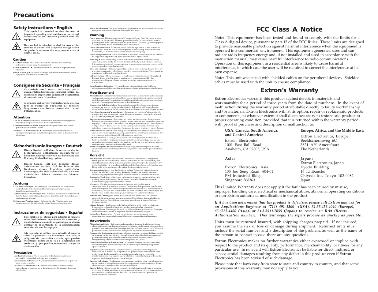 Fcc class a notice, Precautions, Extron’s warranty | Instrucciones de seguridad • español | Extron Electronics VTG 300_300R User Guide Rev. D User Manual | Page 2 / 22