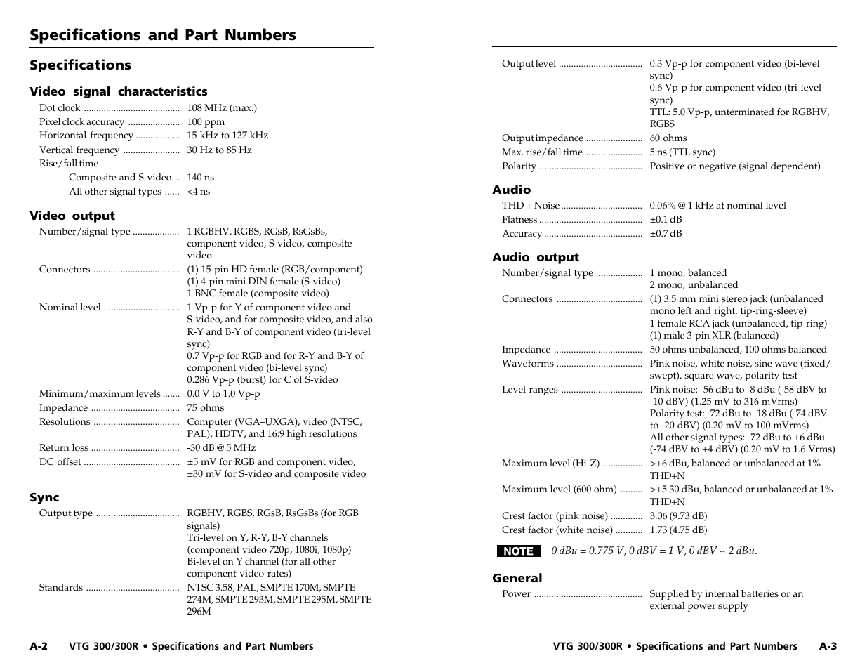 Specifications and part numbers, Specifications | Extron Electronics VTG 300_300R User Guide Rev. D User Manual | Page 21 / 22