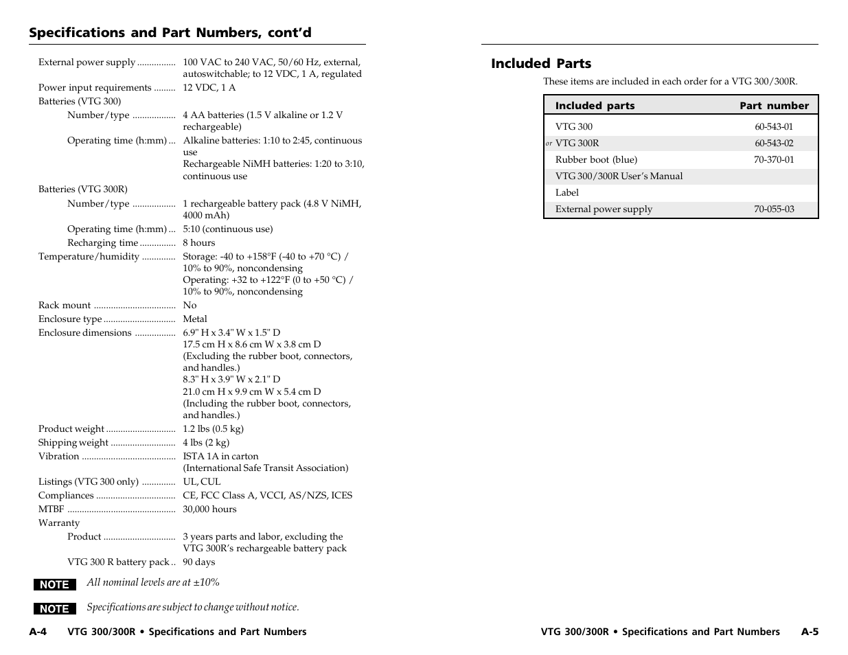 Specifications and part numbers, cont’d, Included parts | Extron Electronics VTG 300_300R User Guide Rev. D User Manual | Page 22 / 22