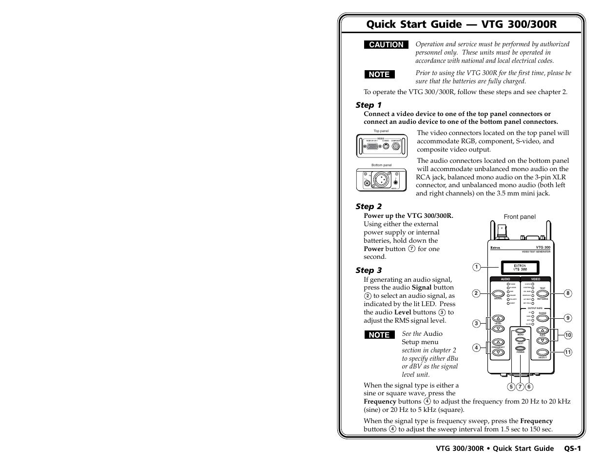 Caution, Step 1, Step 2 | Step 3, Qs-1, For one second, Front panel | Extron Electronics VTG 300_300R User Guide Rev. D User Manual | Page 4 / 22