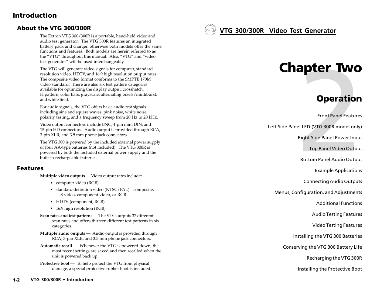 Chapter two, Operation | Extron Electronics VTG 300_300R User Guide Rev. D User Manual | Page 7 / 22