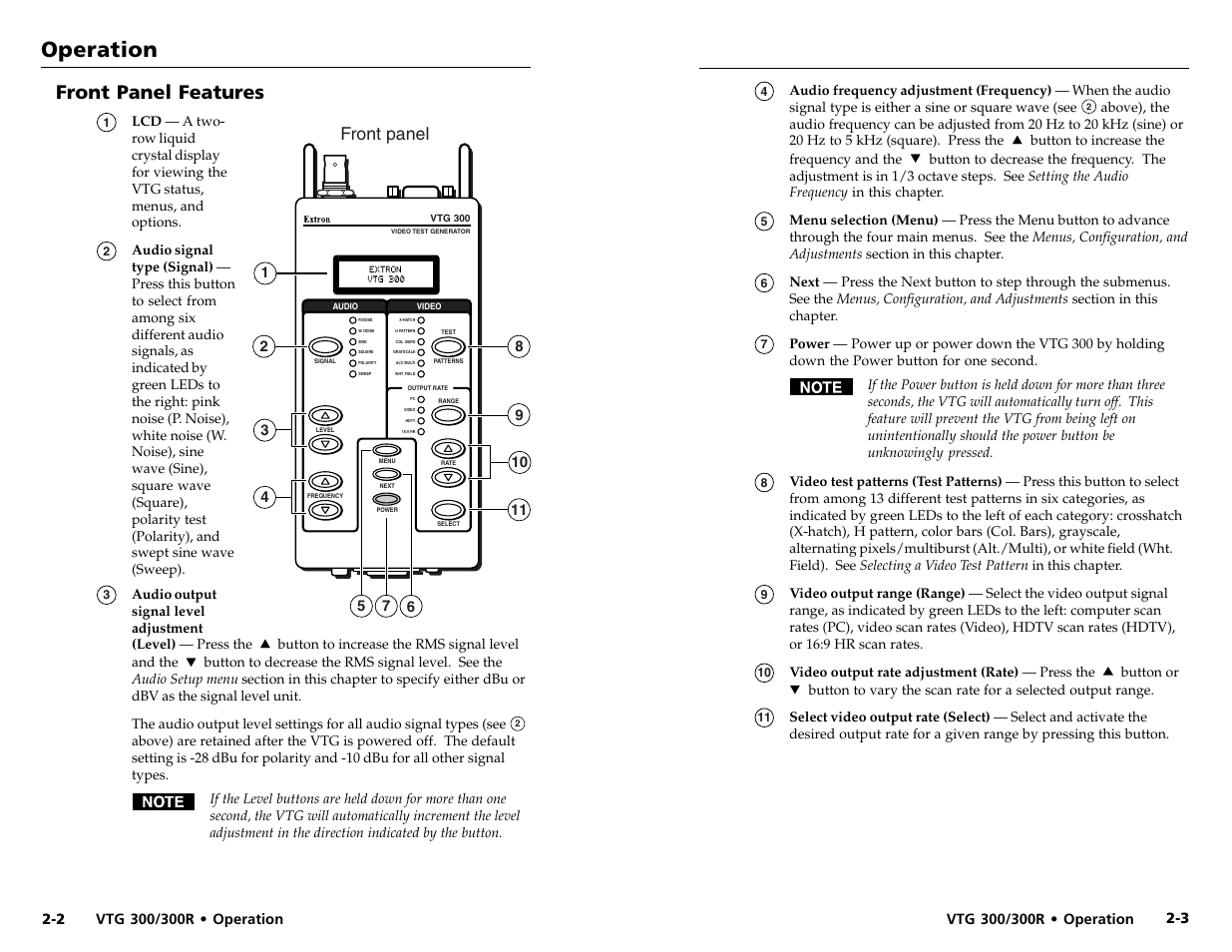 Operation, Front panel features, Front panel | Extron Electronics VTG 300_300R User Guide Rev. D User Manual | Page 8 / 22