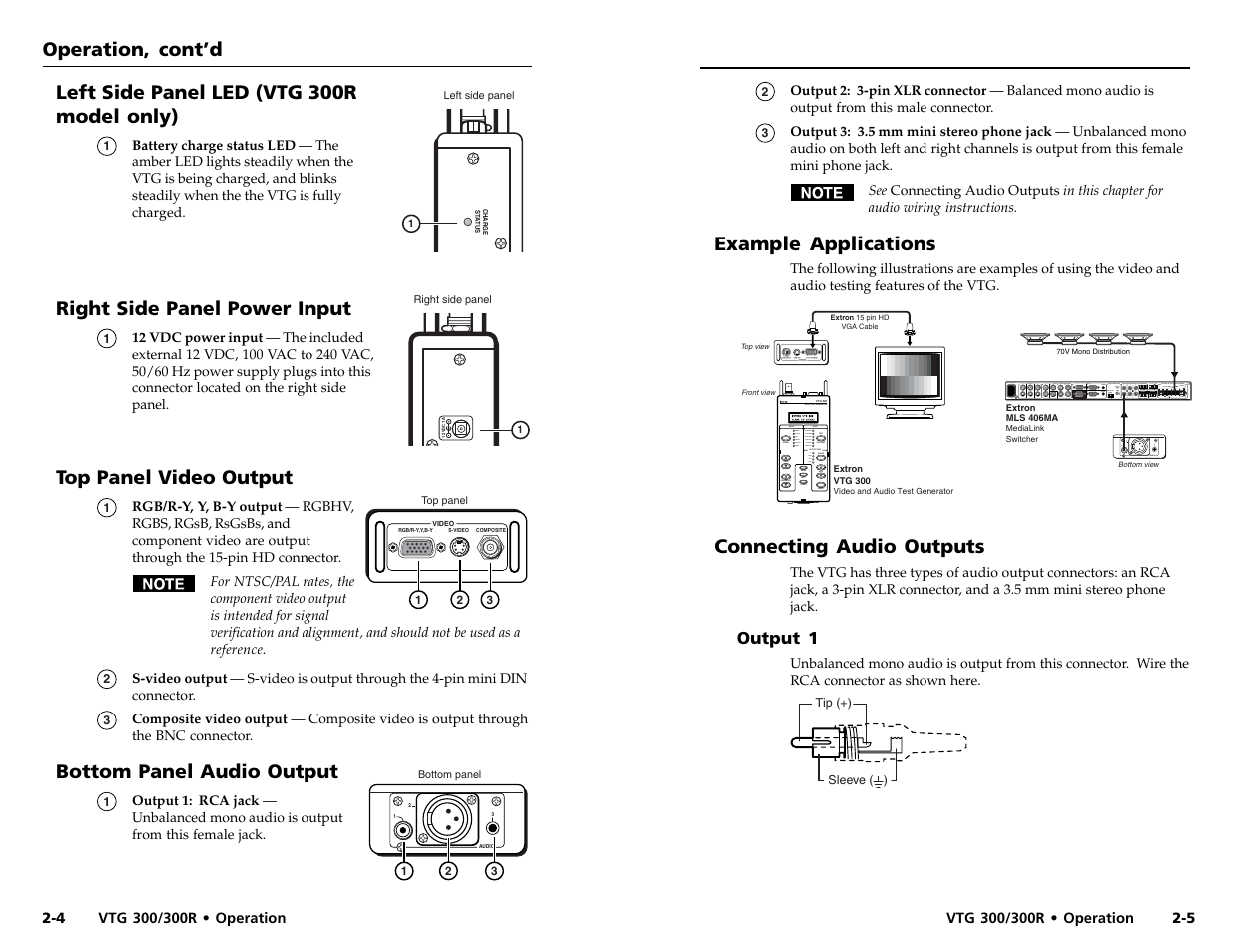 Operation, cont’d, Example applications, Connecting audio outputs | Left side panel led (vtg 300r model only), Right side panel power input, Top panel video output, Bottom panel audio output | Extron Electronics VTG 300_300R User Guide Rev. D User Manual | Page 9 / 22