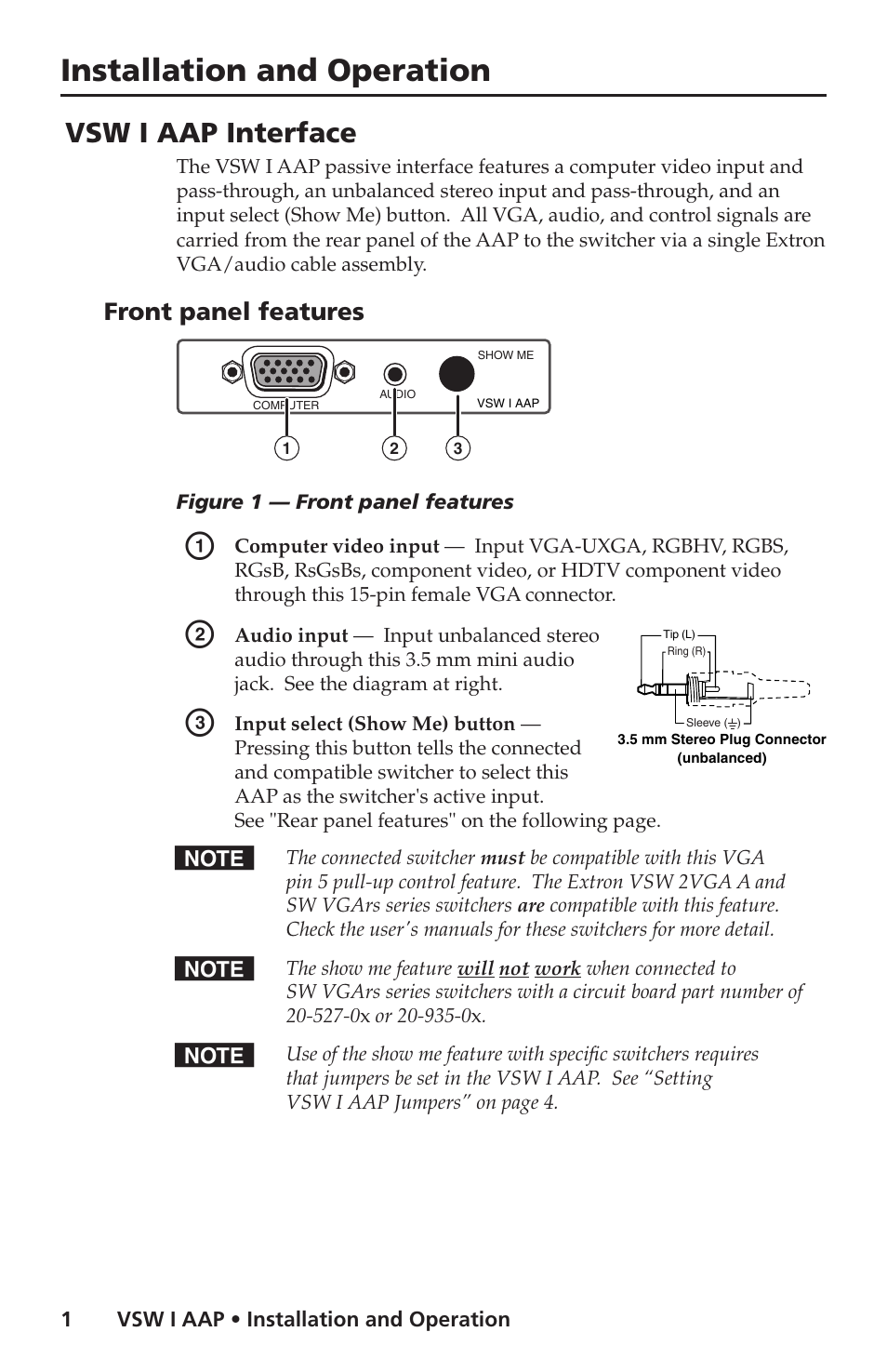 Installation and operation, Vsw i aap interface, Front panel features | Extron Electronics VSW I AAP Installation User Manual | Page 2 / 6