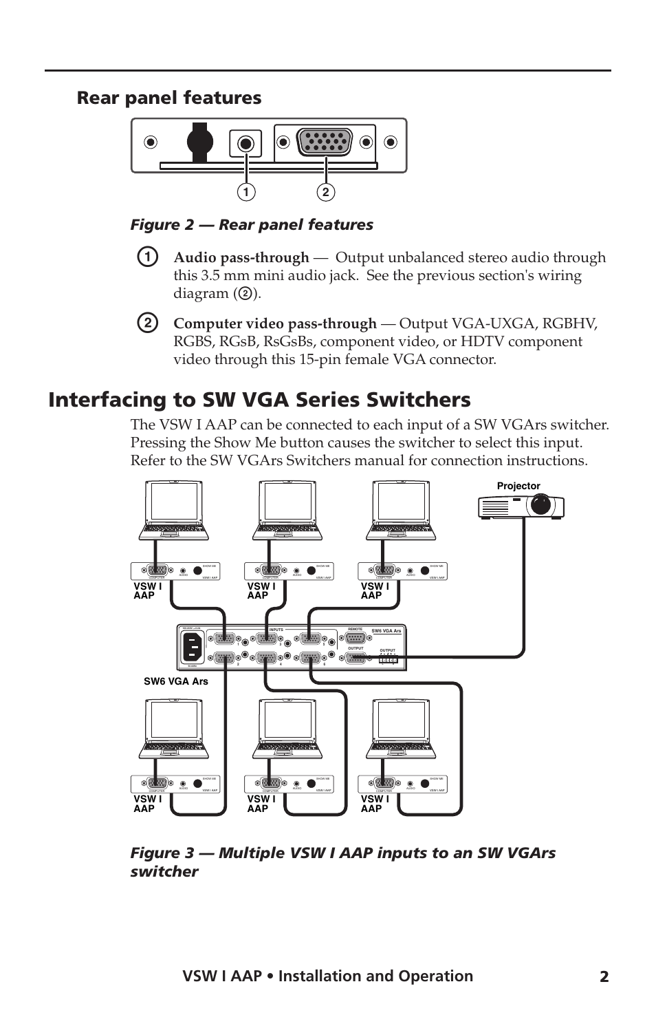 Interfacing to sw vga series switchers, Rear panel features, 2vsw i aap • installation and operation | Figure 2 — rear panel features | Extron Electronics VSW I AAP Installation User Manual | Page 3 / 6