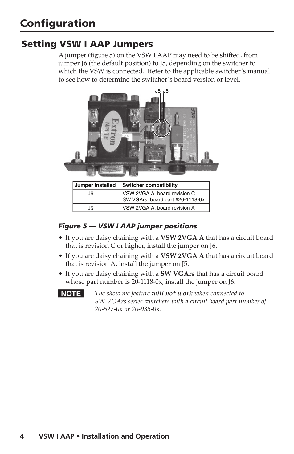 Configuration, Setting vsw i aap jumpers | Extron Electronics VSW I AAP Installation User Manual | Page 5 / 6