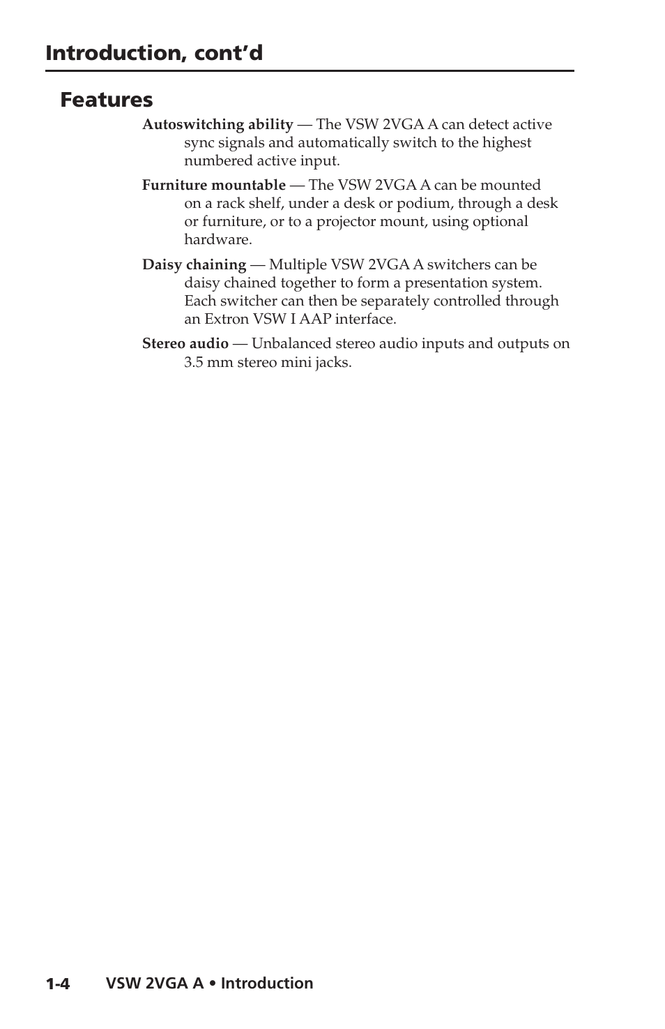 Features, Introduction, cont’d | Extron Electronics VSW 2VGA A User Guide User Manual | Page 10 / 40