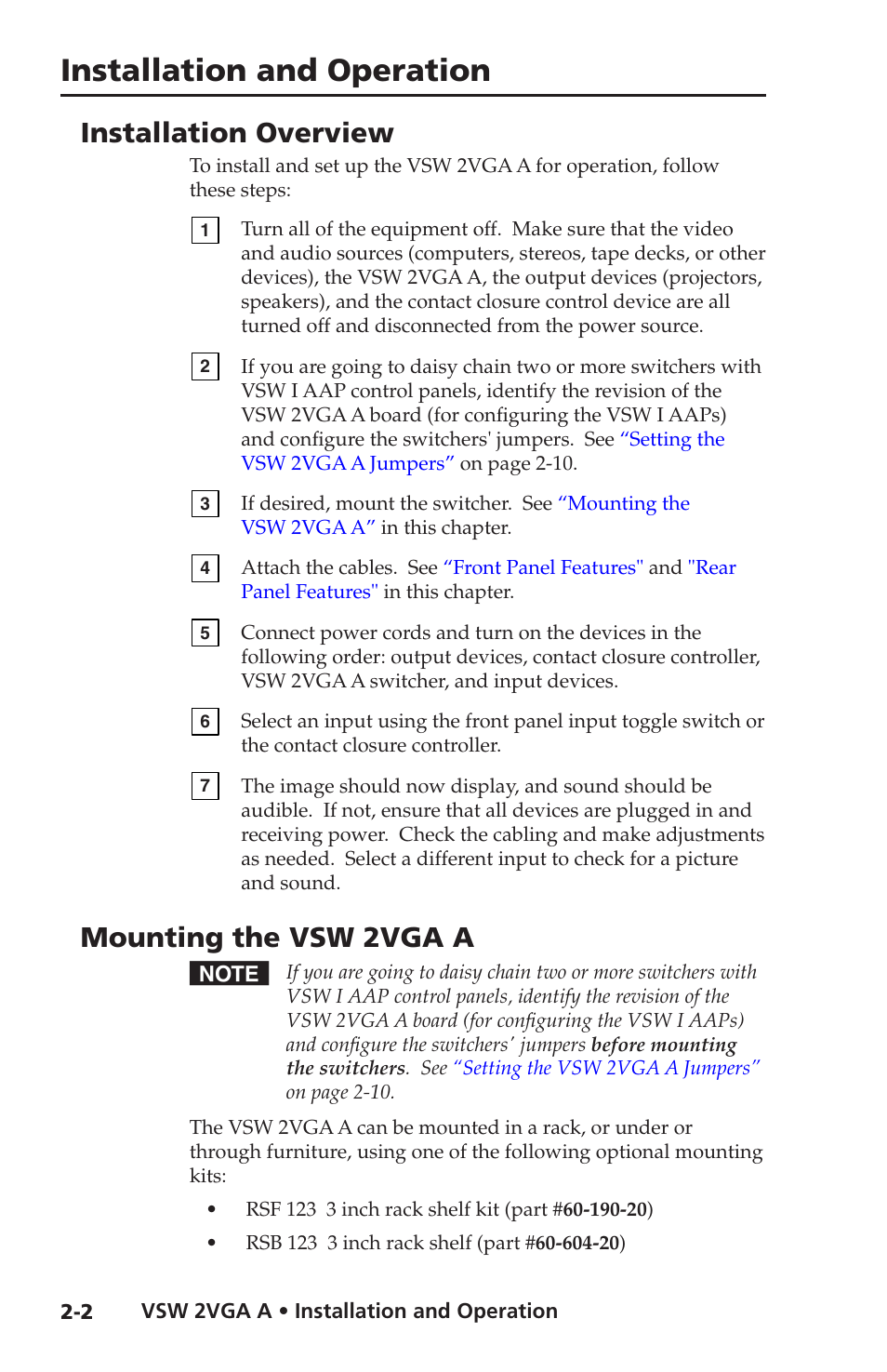 Installation overview, Mounting the vsw 2vga a, Installation and operation | Extron Electronics VSW 2VGA A User Guide User Manual | Page 12 / 40