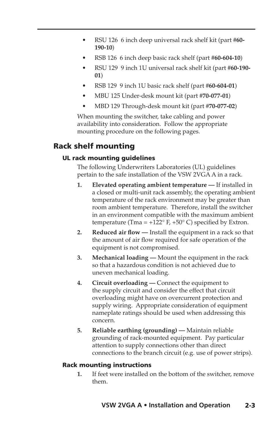 Rack shelf mounting, Ul rack mounting guidelines, Rack mounting instructions | Rack shelf mounting -3 | Extron Electronics VSW 2VGA A User Guide User Manual | Page 13 / 40