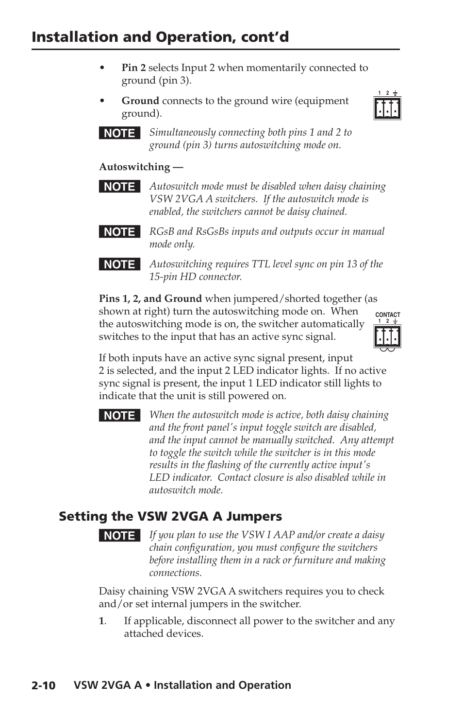 Setting the vsw 2vga a jumpers, Setting the vsw 2vga a jumpers -10, Setting the | Vsw 2vga a jumpers, Installation and operation, cont’d | Extron Electronics VSW 2VGA A User Guide User Manual | Page 20 / 40