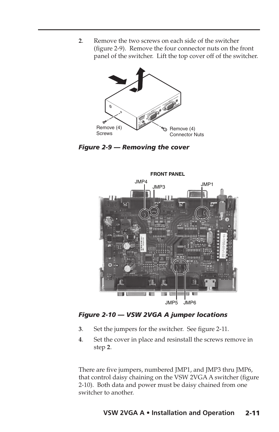 Vsw 2vga a • installation and operation, Figure 2-9 — removing the cover, Figure 2-10 — vsw 2vga a jumper locations | Extron Electronics VSW 2VGA A User Guide User Manual | Page 21 / 40