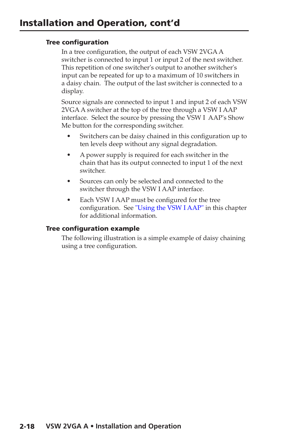 Tree configuration, Tree configuration example, Installation and operation, cont’d | Extron Electronics VSW 2VGA A User Guide User Manual | Page 28 / 40