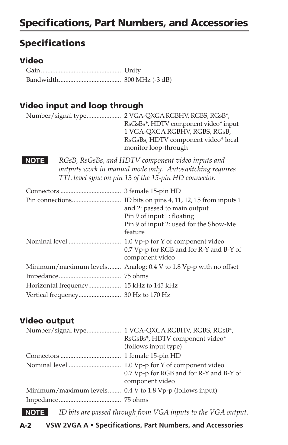 Specifications, Specifications, part numbers, and accessories | Extron Electronics VSW 2VGA A User Guide User Manual | Page 32 / 40