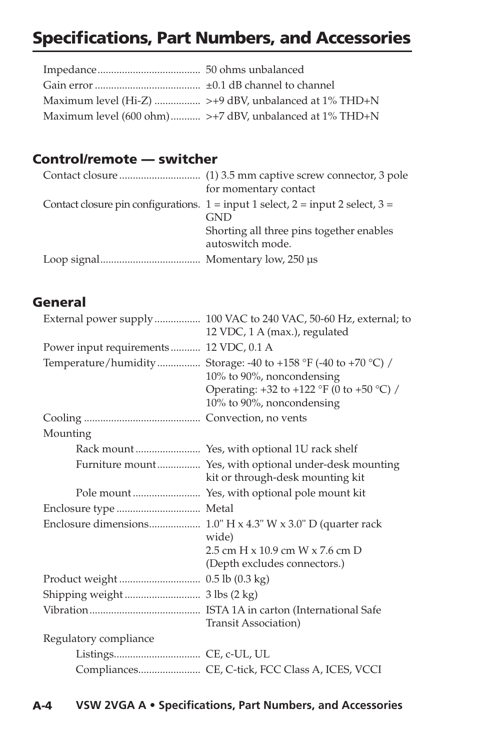 Specifications, part numbers, and accessories, Control/remote — switcher, General | Extron Electronics VSW 2VGA A User Guide User Manual | Page 34 / 40