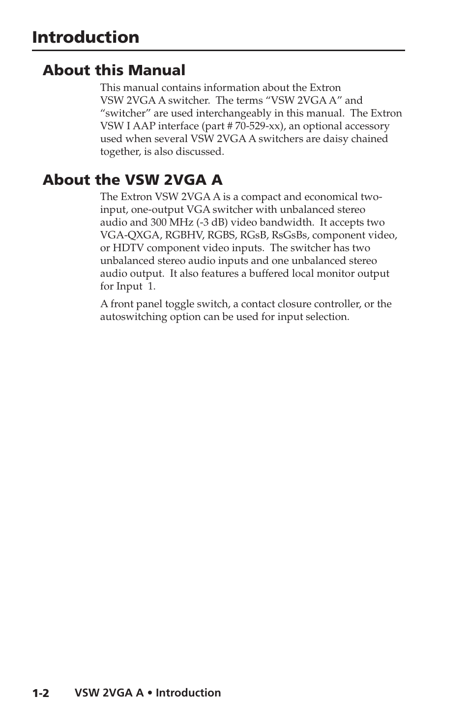 About this manual, About the vsw 2vga a, Introduction | Extron Electronics VSW 2VGA A User Guide User Manual | Page 8 / 40