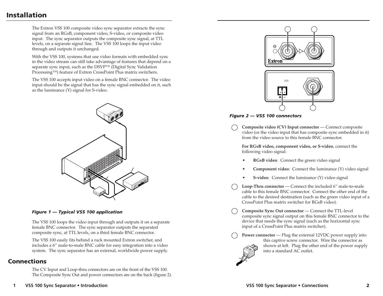 Installation, Connections | Extron Electronics VSS 100 User Guide User Manual | Page 2 / 3