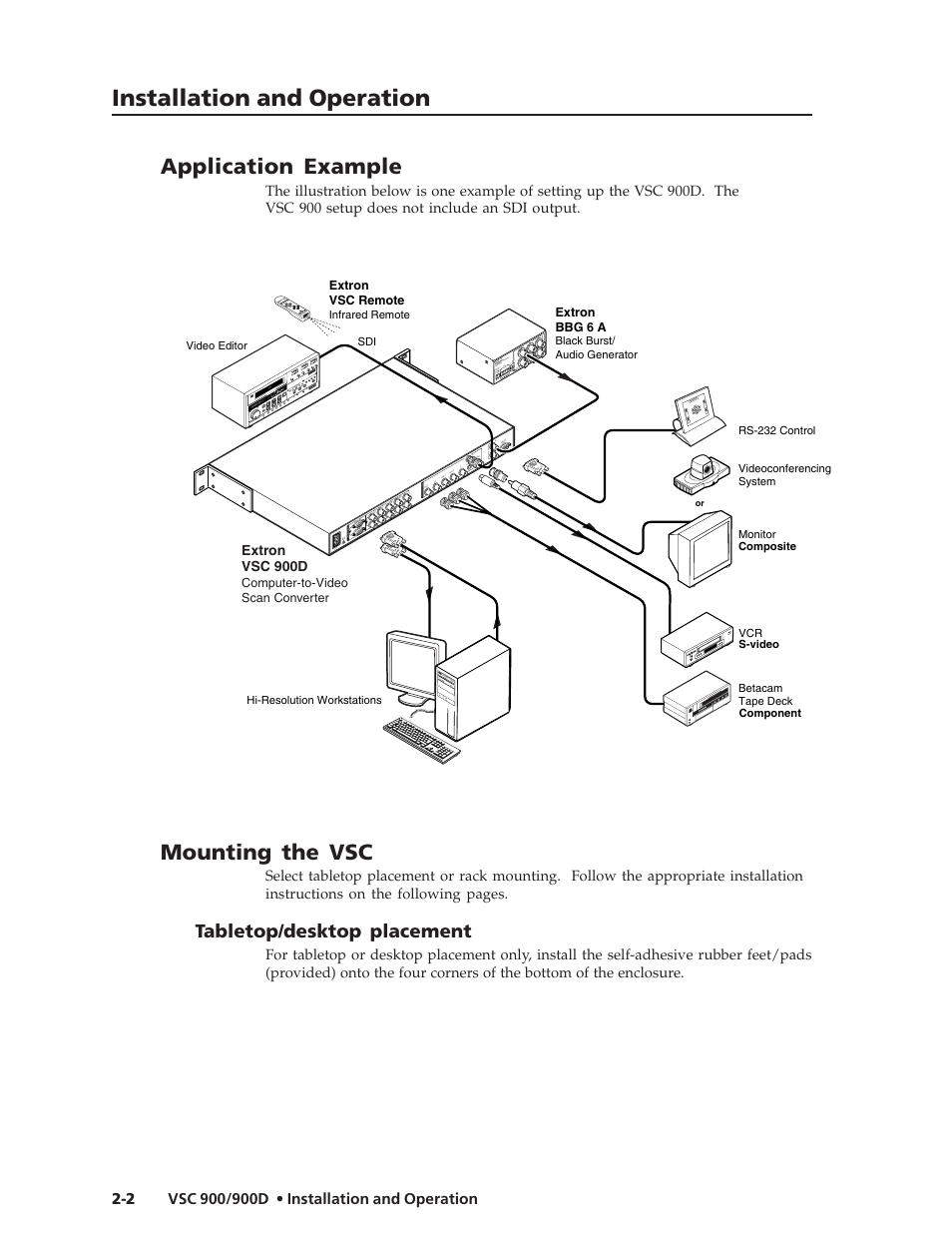 Installation and operation, Application example, Mounting the vsc | Tabletop/desktop placement | Extron Electronics VSC 900_900D User Guide User Manual | Page 10 / 50