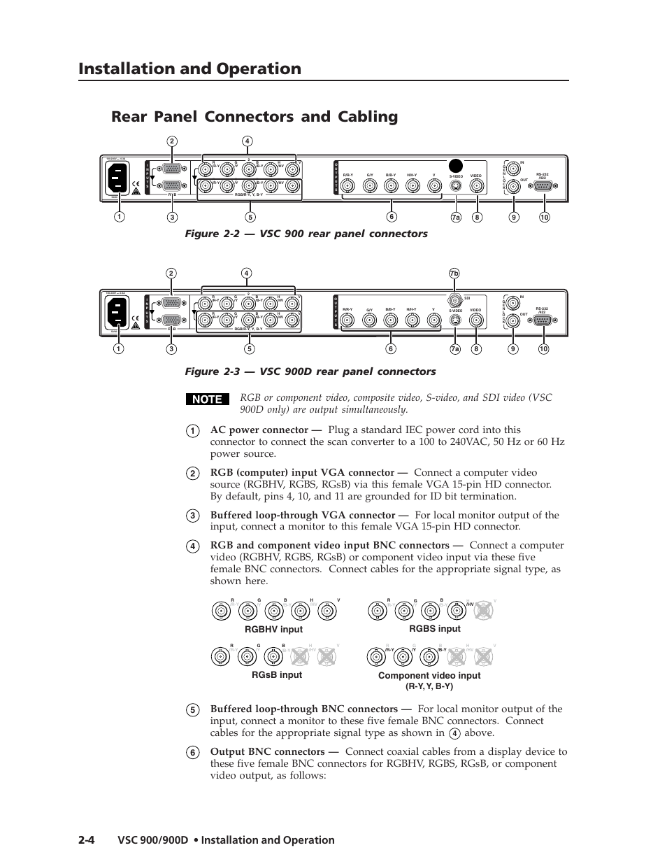 Installation and operation, Rear panel connectors and cabling, Above | Rgbhv input rgbs input, Rgsb input, Component video input, R-y, y, b-y) | Extron Electronics VSC 900_900D User Guide User Manual | Page 12 / 50