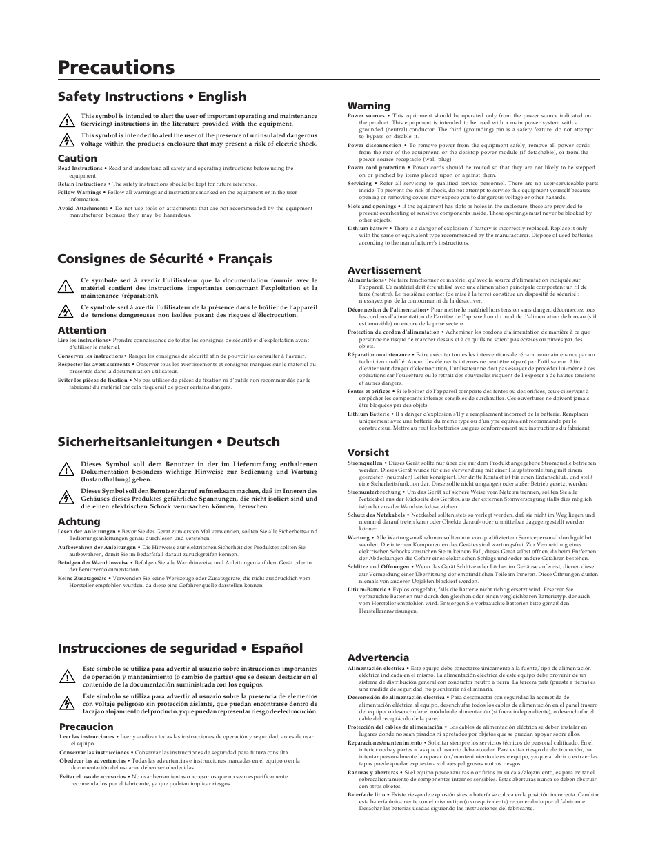 Precautions, Instrucciones de seguridad • español, Caution | Warning, Attention, Avertissement, Precaucion, Advertencia, Achtung, Vorsicht | Extron Electronics VSC 900_900D User Guide User Manual | Page 2 / 50