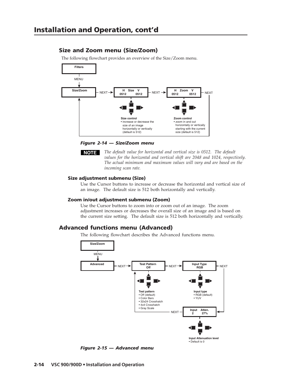 Installation and operation, cont’d, Size and zoom menu (size/zoom), Advanced functions menu (advanced) | Size adjustment submenu (size), Zoom in/out adjustment submenu (zoom) | Extron Electronics VSC 900_900D User Guide User Manual | Page 22 / 50