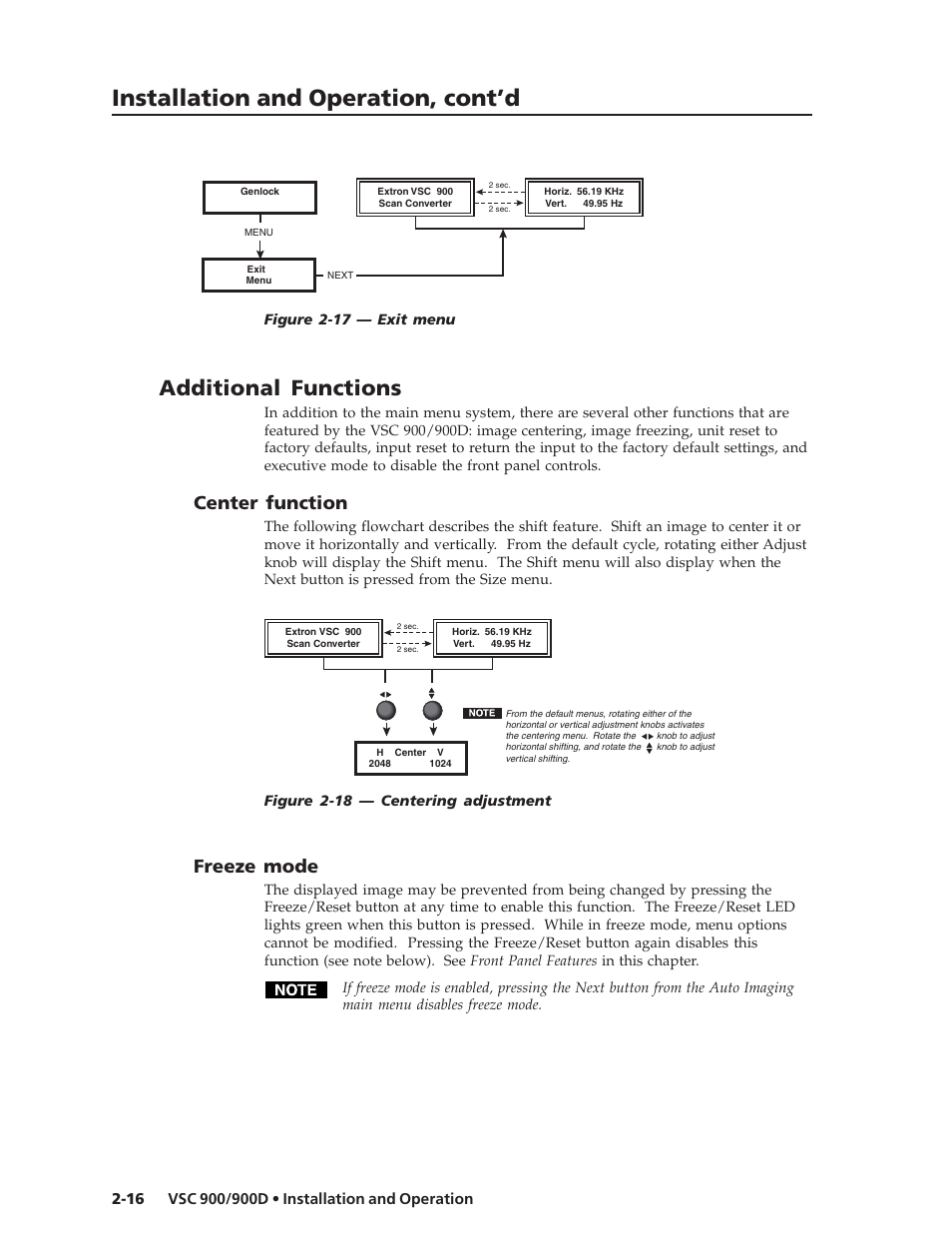 Installation and operation, cont’d, Additional functions, Center function | Freeze mode | Extron Electronics VSC 900_900D User Guide User Manual | Page 24 / 50