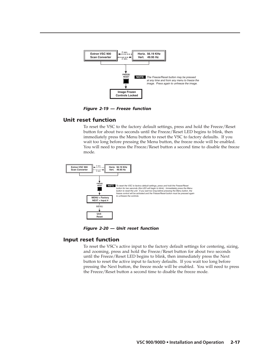 Unit reset function, Input reset function, Figure 2-19 — freeze function | Figure 2-20 — unit reset function | Extron Electronics VSC 900_900D User Guide User Manual | Page 25 / 50