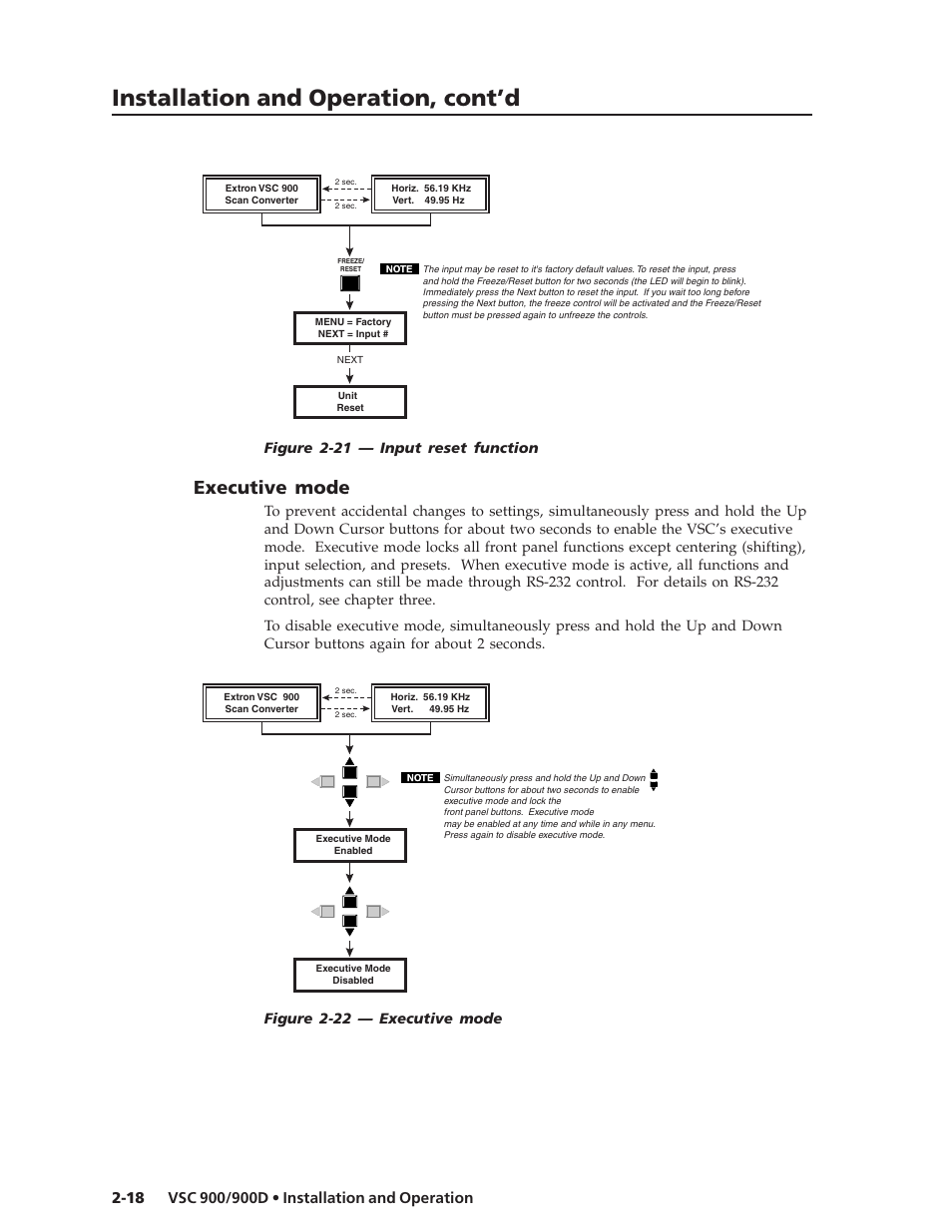 Installation and operation, cont’d, Executive mode, Figure 2-21 — input reset function | Figure 2-22 — executive mode | Extron Electronics VSC 900_900D User Guide User Manual | Page 26 / 50