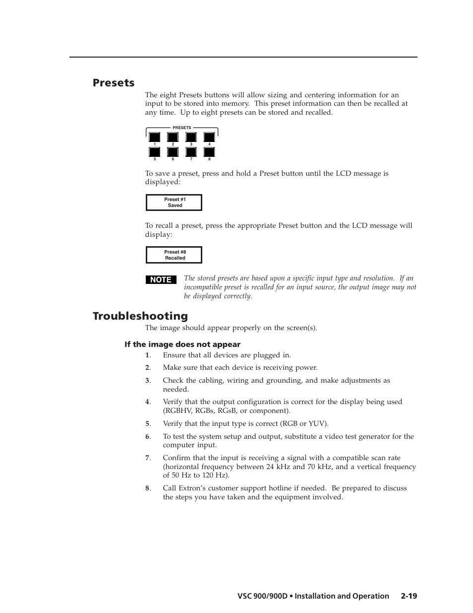 Presets, Troubleshooting | Extron Electronics VSC 900_900D User Guide User Manual | Page 27 / 50