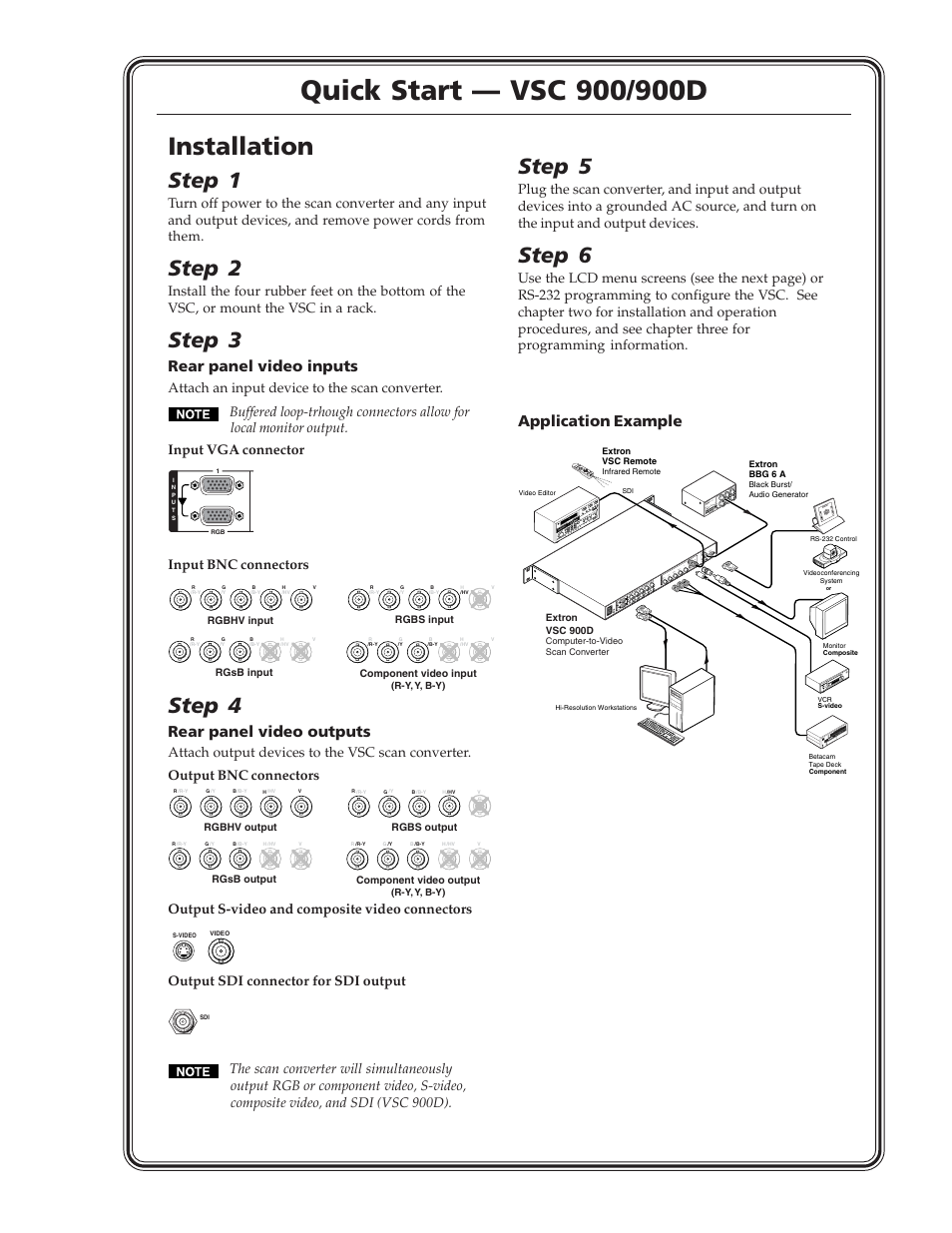 Installation, Step 1, Step 2 | Step 3, Step 4, Step 5, Step 6, Rear panel video inputs, Rear panel video outputs, Application example | Extron Electronics VSC 900_900D User Guide User Manual | Page 3 / 50