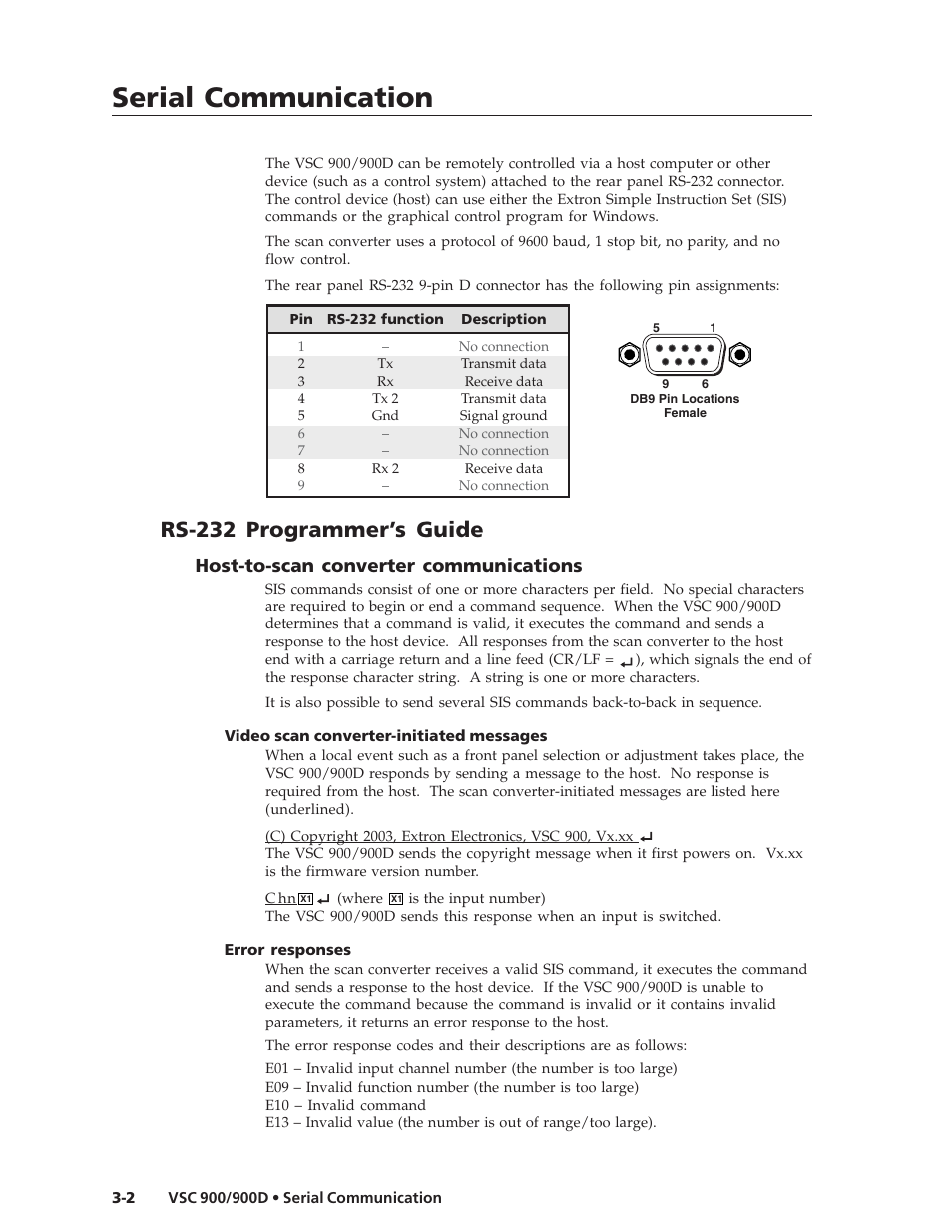 Serial communication, Rs-232 programmer’s guide, Host-to-scan converter communications | Extron Electronics VSC 900_900D User Guide User Manual | Page 32 / 50