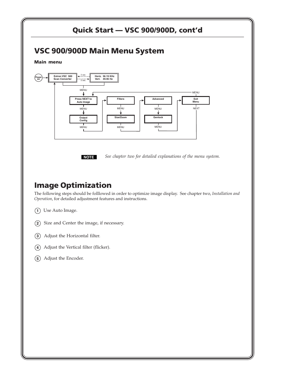 Image optimization, Use auto image, Size and center the image, if necessary | Adjust the horizontal filter, Adjust the vertical filter (flicker), Adjust the encoder | Extron Electronics VSC 900_900D User Guide User Manual | Page 4 / 50