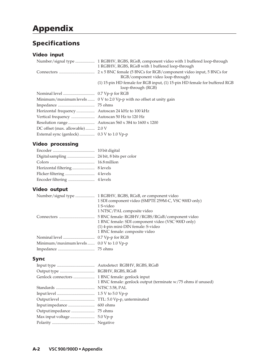 Appendix, Specifications | Extron Electronics VSC 900_900D User Guide User Manual | Page 42 / 50