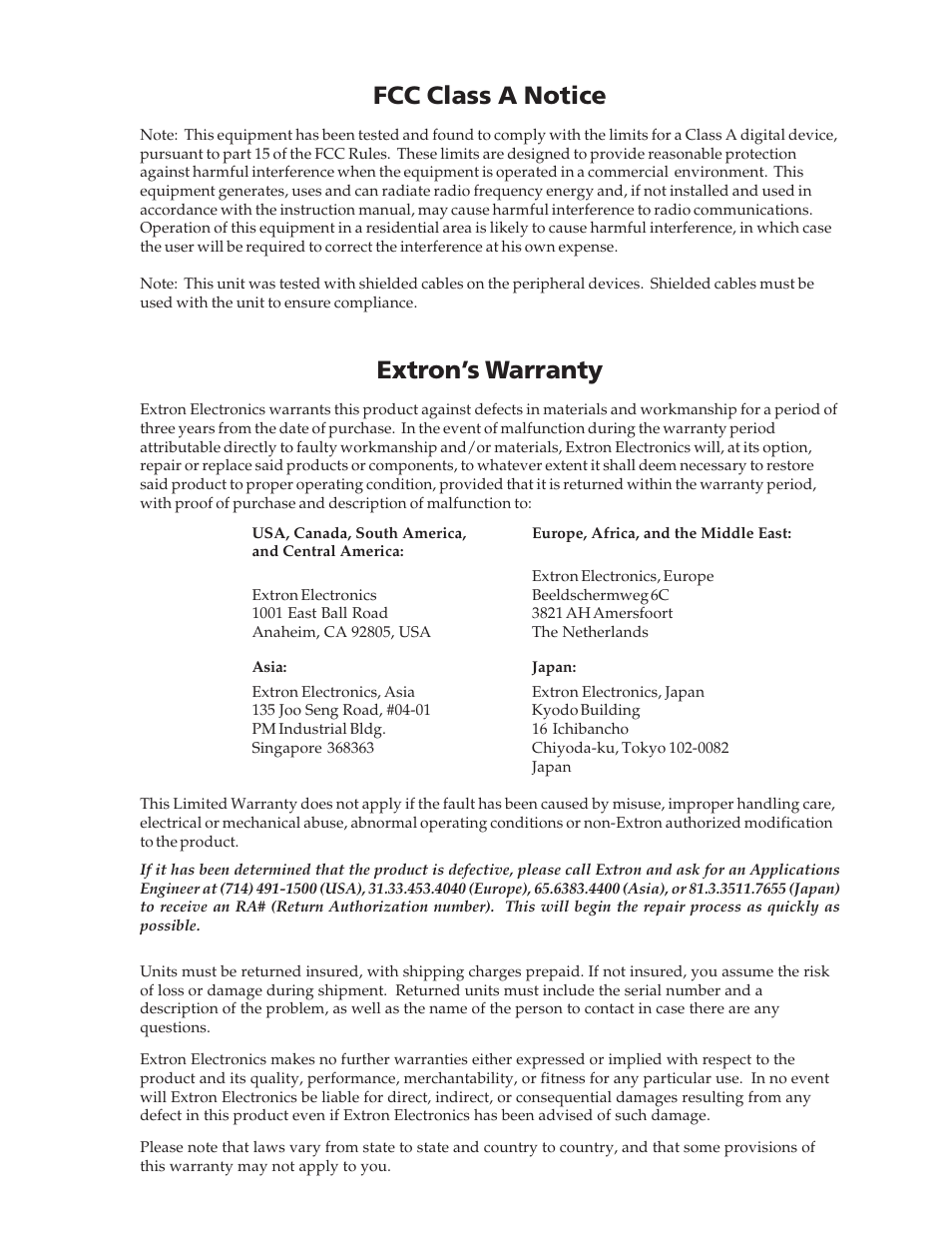 Fcc class a notice, Extron’s warranty | Extron Electronics VSC 900_900D User Guide User Manual | Page 49 / 50