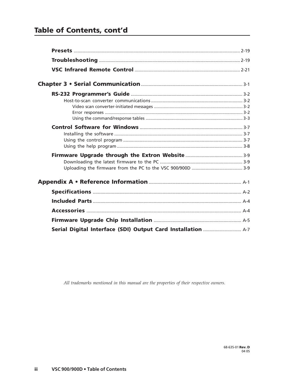 Table of contents, cont’d | Extron Electronics VSC 900_900D User Guide User Manual | Page 6 / 50