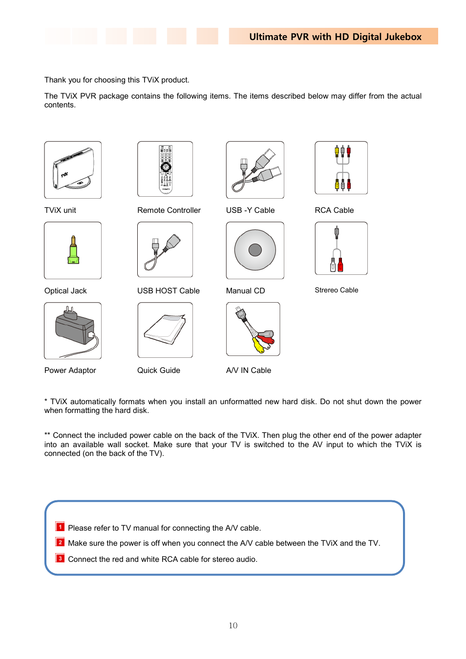 3 package contents, Package contents | DVico TVIX PVR R-2230 User Manual | Page 10 / 68