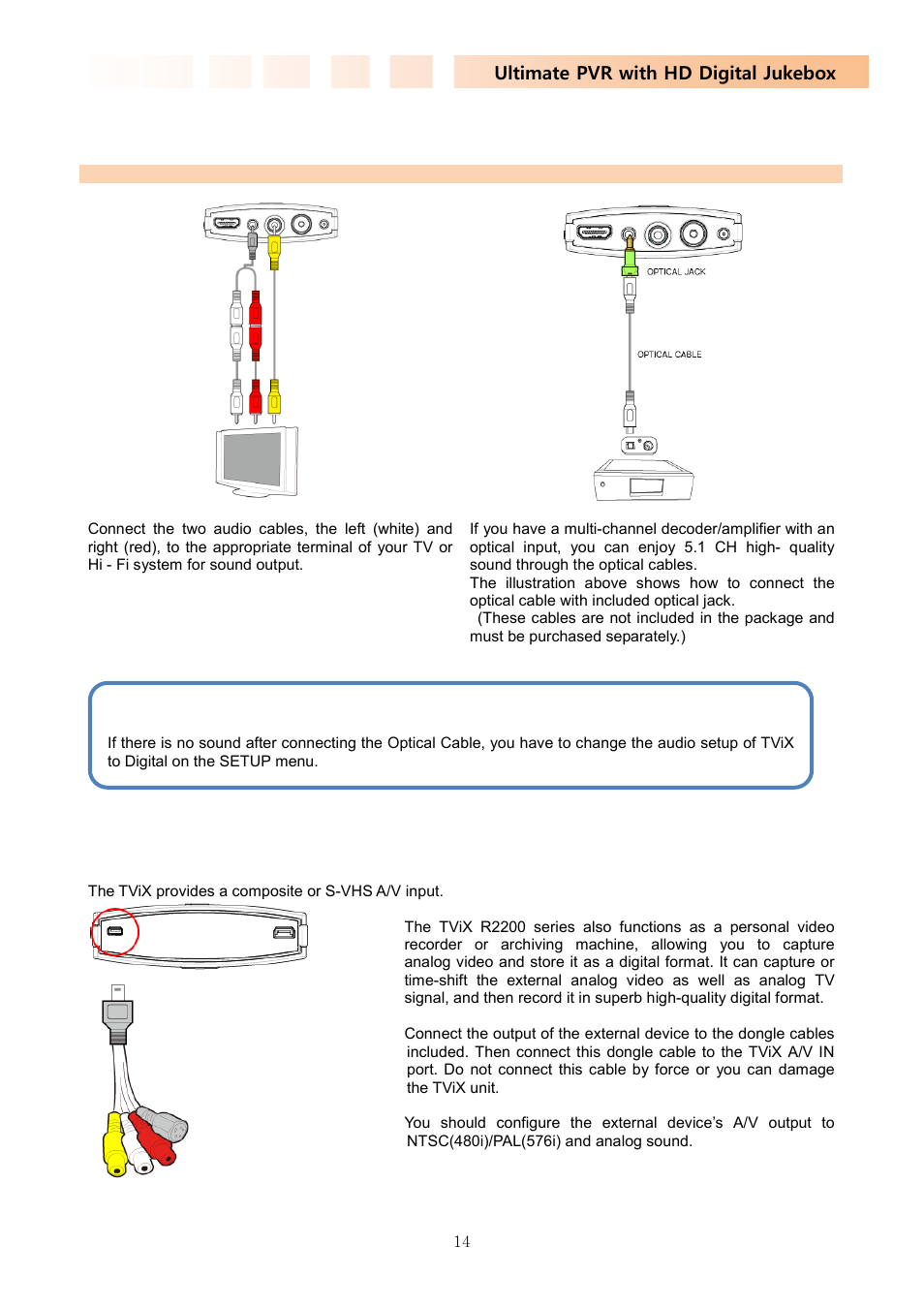 2 connecting the audio, 3 connecting the external input | DVico TVIX PVR R-2230 User Manual | Page 14 / 68