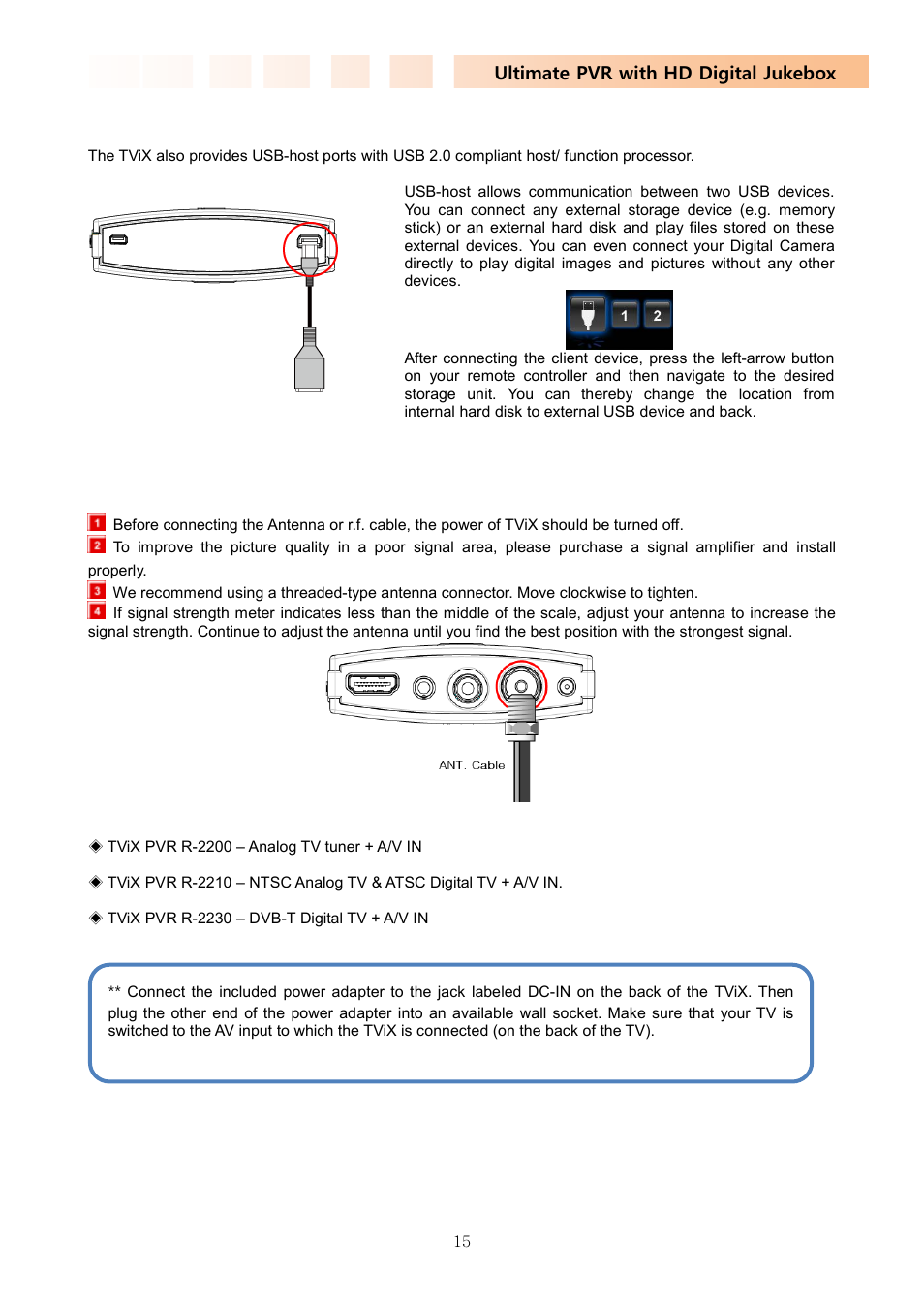 4 connecting the usb host, 5 connecting the antenna | DVico TVIX PVR R-2230 User Manual | Page 15 / 68
