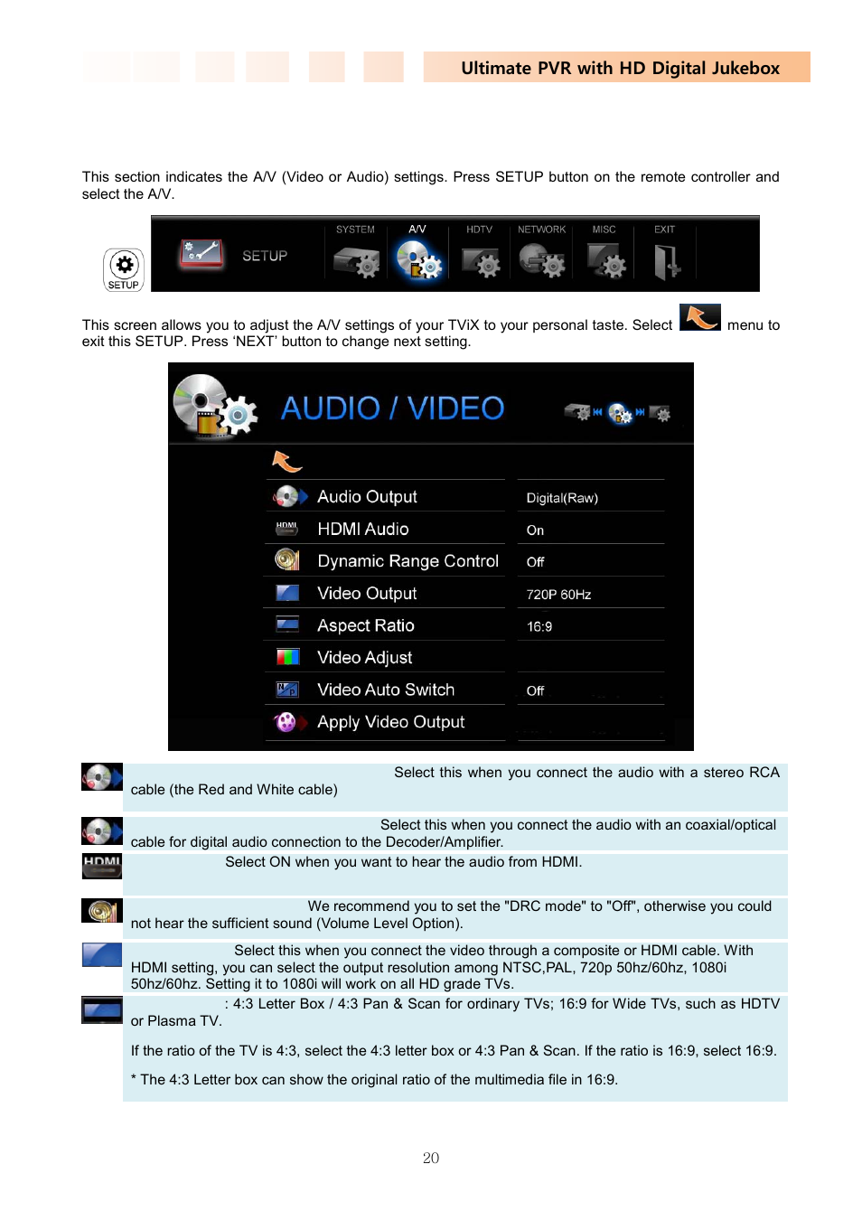 2 audio/video setting, Ultimate pvr with hd digital jukebox | DVico TVIX PVR R-2230 User Manual | Page 20 / 68