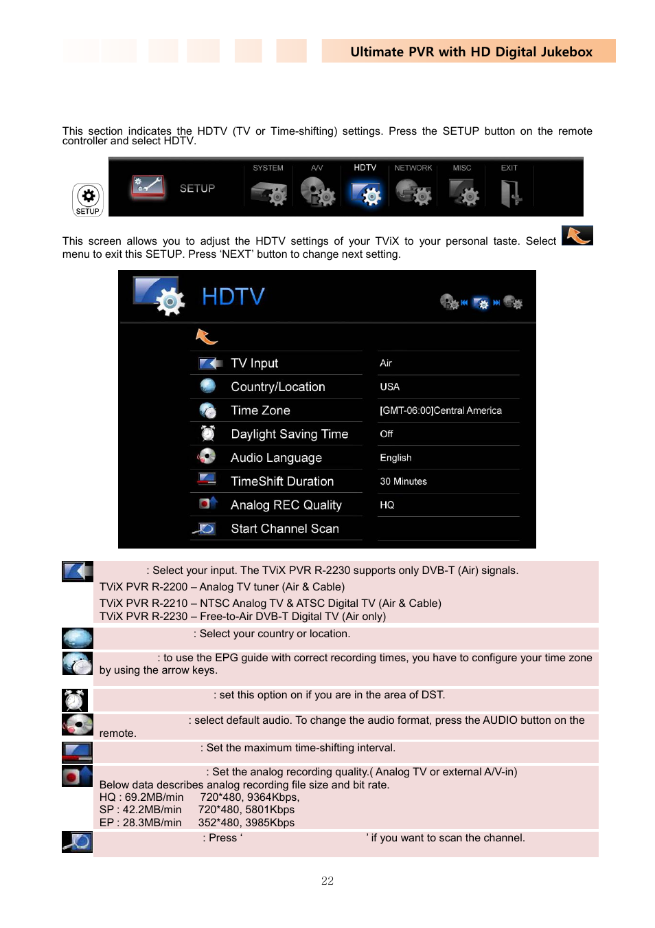 3 hdtv setting, Ultimate pvr with hd digital jukebox | DVico TVIX PVR R-2230 User Manual | Page 22 / 68